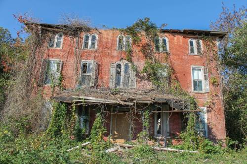 Abandoned red brick building overgrown with vines and vegetation under a clear blue sky.