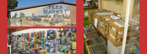 A collage featuring a flea market mural, shelves of merchandise, and wooden boxes filled with CDs.