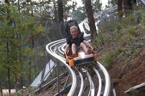 A child enjoys a thrilling ride on a mountain coaster, navigating curves through a forested area.