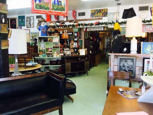 A cozy vintage shop filled with eclectic furniture, decor, and colorful artwork, featuring a mix of styles and items.