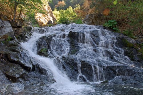 A serene waterfall cascading over rocky terrain, surrounded by lush greenery and sunlight filtering through the trees.