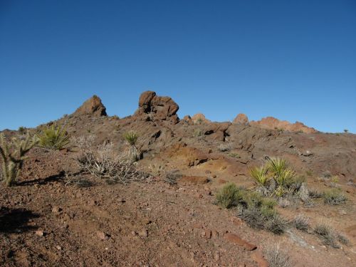 A rocky desert landscape with sparse vegetation under a clear blue sky.