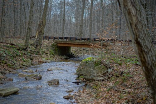 A wooden bridge spans a small stream in a wooded area, surrounded by rocks and bare trees.