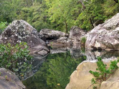 A serene natural scene featuring large rocks and trees reflected in calm water.