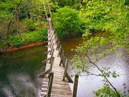 A wooden suspension bridge spans a calm river, surrounded by lush green trees and foliage.