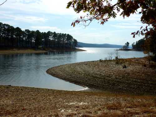 A serene lake scene with gentle waves, surrounded by trees and a sandy shore under a cloudy sky.