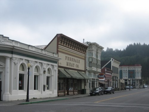 Historic buildings line a quiet street, featuring the Ferndale Meat Co. and other charming storefronts under a cloudy sky.