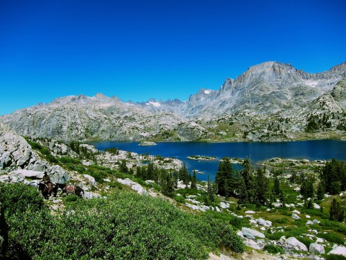 A scenic view of a clear blue lake surrounded by rocky mountains and lush greenery under a bright blue sky.