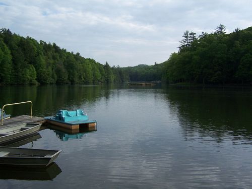 A serene lake surrounded by lush green trees, with boats docked at the shore under a cloudy sky.