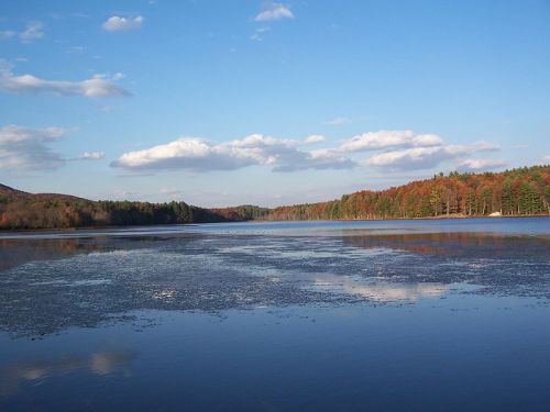 A serene lake surrounded by trees with autumn foliage under a blue sky with fluffy clouds.