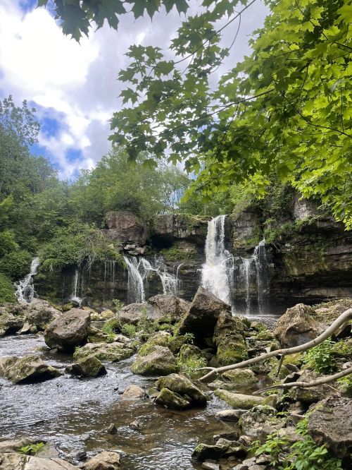 A serene waterfall cascades over rocks, surrounded by lush greenery and a clear stream under a partly cloudy sky.