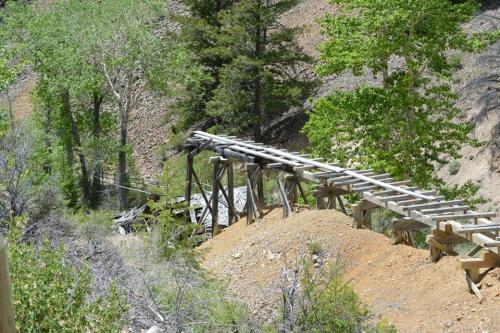 A wooden bridge spans a small ravine, surrounded by trees and rocky terrain in a natural setting.