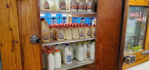 Shelves filled with various milk bottles, including whole and chocolate milk, behind a wooden cabinet door.