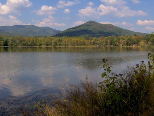 A serene lake surrounded by lush greenery and mountains under a partly cloudy sky.