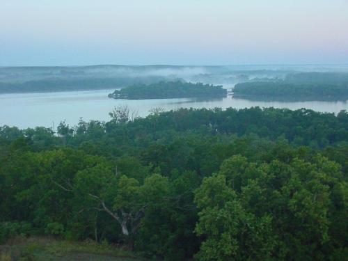 A serene landscape featuring a river surrounded by lush green trees and a misty island at dawn.