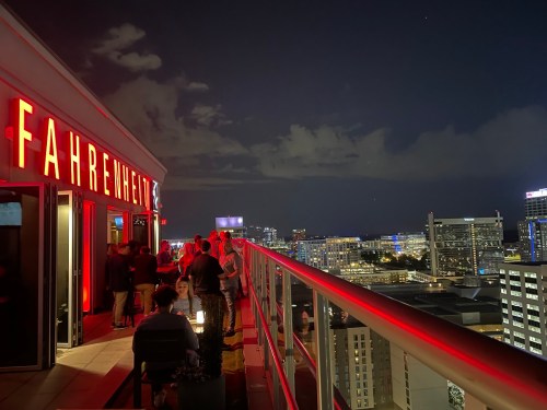A rooftop bar named "Fahrenheit" at night, with people socializing and a city skyline illuminated in the background.
