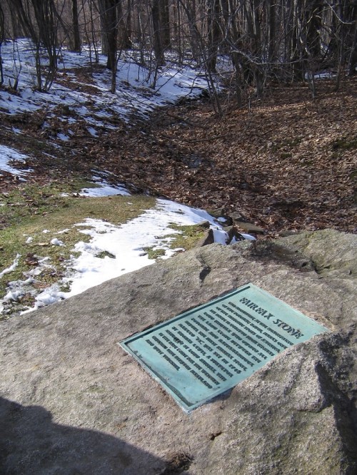 A plaque on a rock near a snowy, wooded area, with a stream visible in the background.