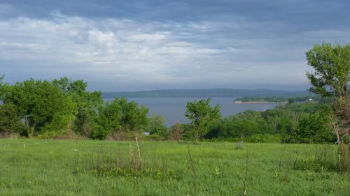 A serene landscape featuring green grass and trees, with a calm lake and cloudy sky in the background.