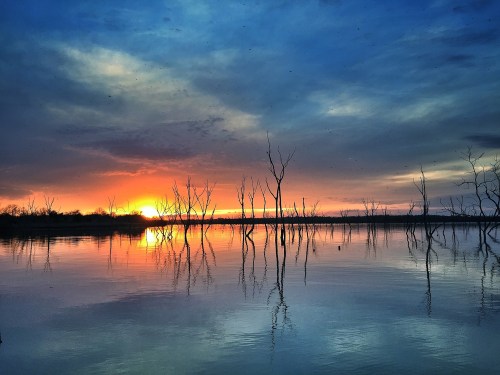 A serene sunset over a calm lake, with silhouetted trees reflecting on the water's surface under a colorful sky.
