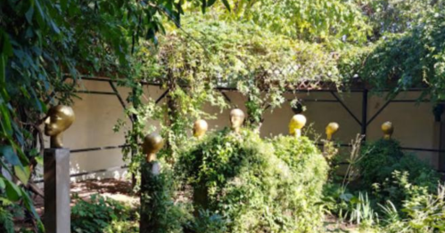 A garden scene featuring several golden head sculptures partially obscured by lush greenery.