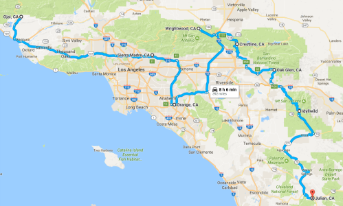 Map showing a route from Ojai, CA to Julian, CA, with various waypoints and estimated travel time of 8 hours and 6 minutes.