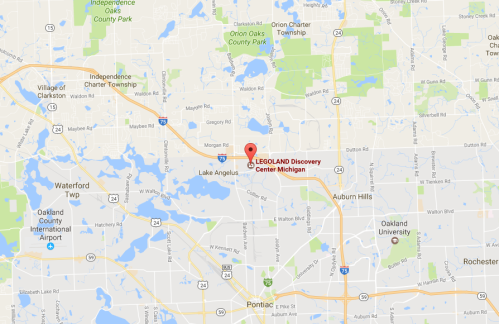 Map showing the location of LEGOLAND Discovery Center in Auburn Hills, Michigan, with nearby parks and roads.