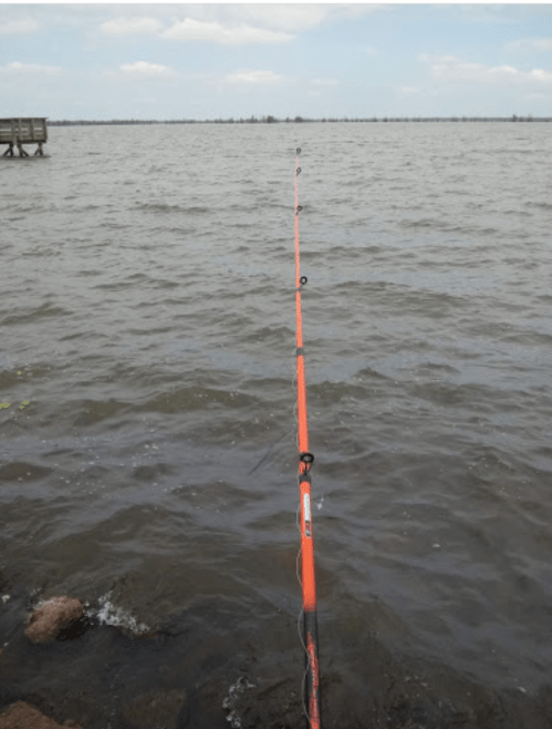 A fishing rod extends over a calm body of water, with a cloudy sky in the background and a pier visible in the distance.