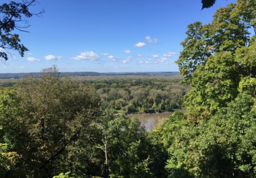 A scenic view of a river surrounded by lush green trees under a clear blue sky with scattered clouds.