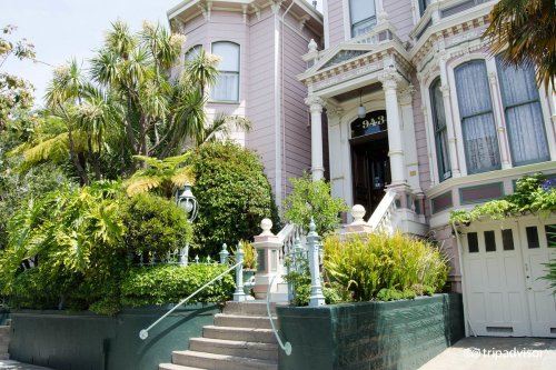 A charming Victorian house with pink exterior, lush greenery, and a welcoming staircase leading to the entrance.