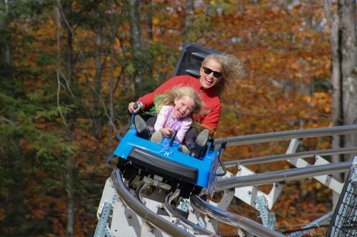 A woman and a girl joyfully ride a roller coaster, with autumn foliage in the background. Both are smiling and having fun.