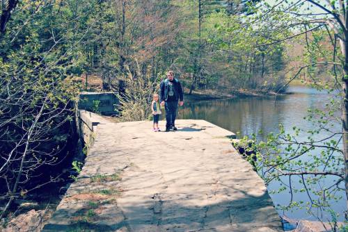 A man and a child stand on a stone path by a calm river, surrounded by trees and greenery on a sunny day.