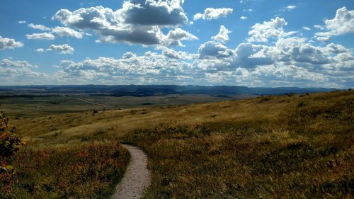 A winding path through a grassy landscape under a blue sky filled with fluffy clouds. Mountains are visible in the distance.