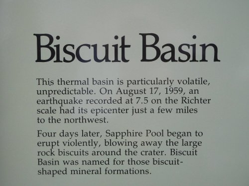 Text on a sign about Biscuit Basin, detailing its volcanic activity and the 1959 earthquake.