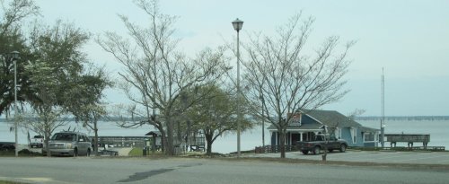 A quiet waterfront scene featuring bare trees, a small blue building, and a calm body of water in the background.