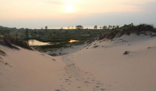 A sandy path leads through dunes towards a serene sunset over a calm body of water and lush greenery.