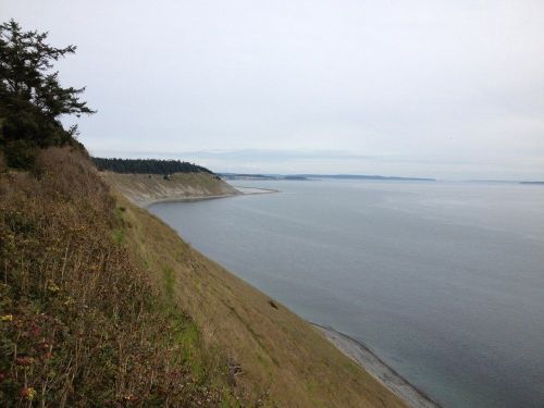 A serene coastal view with a sloping shoreline, gentle waves, and a cloudy sky in the background.