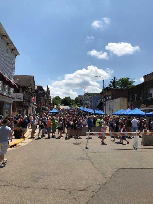 A bustling street filled with a large crowd enjoying an outdoor event under a clear blue sky. Tents line the sides.