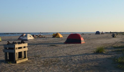 Tents set up on a sandy beach at sunset, with the ocean in the background and a clear sky.