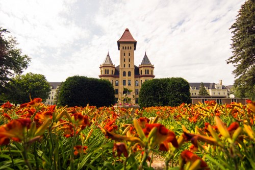 A historic building with a tower surrounded by vibrant orange flowers and lush greenery under a cloudy sky.