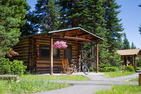 A cozy log cabin surrounded by trees, featuring a bike and a hanging flower basket on the porch.