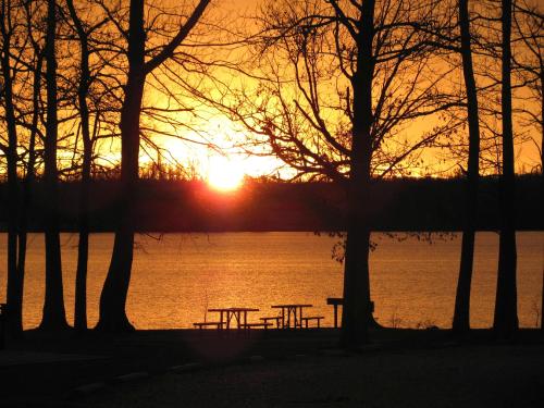 Sunset over a lake, with silhouetted trees and picnic tables in the foreground, casting a warm orange glow.