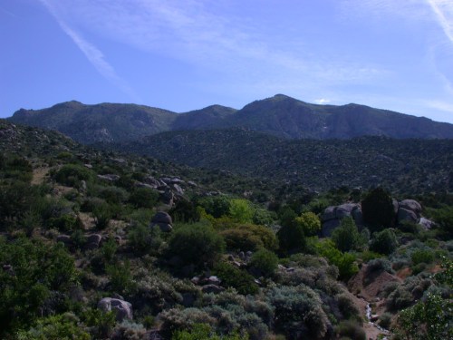 A scenic view of rolling mountains and lush greenery under a clear blue sky.