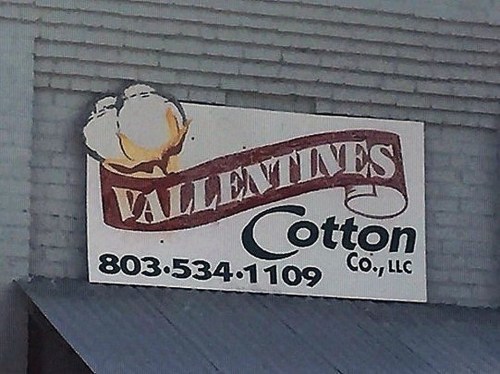 Sign for Vallentine's Cotton Co., LLC, featuring a cotton graphic and contact number 803-534-1109.