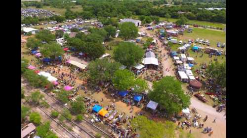 Aerial view of a bustling outdoor market with tents, vendors, and crowds surrounded by greenery and vehicles.