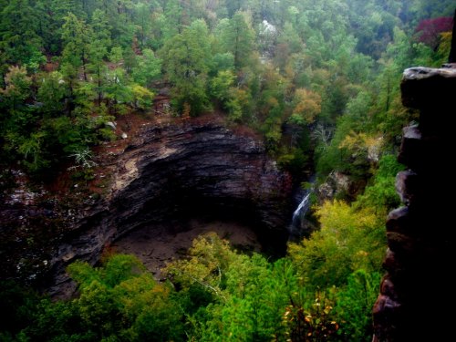 A lush, green forest surrounds a deep, rocky gorge with a waterfall cascading into it. Mist adds a mystical atmosphere.