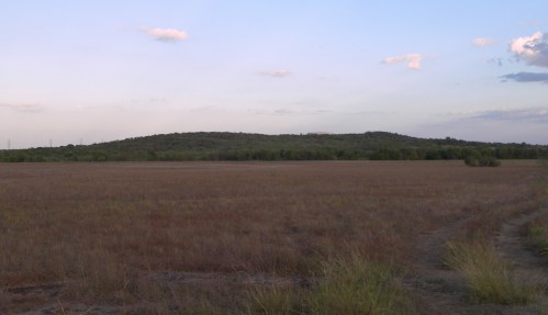 A wide, open field with dry grass, leading to a distant green hill under a clear sky with scattered clouds.