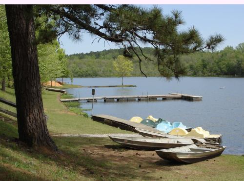 A serene lake scene with boats docked, surrounded by trees and a calm water surface under a clear sky.