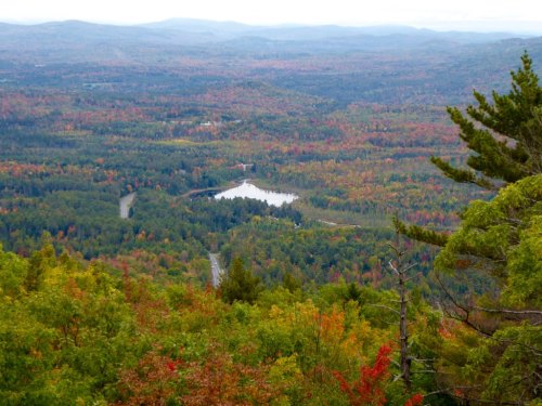 A scenic view of a colorful forest with a lake, surrounded by mountains under a cloudy sky.