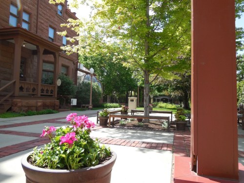 A sunny courtyard with blooming flowers, trees, and a historic building in the background.