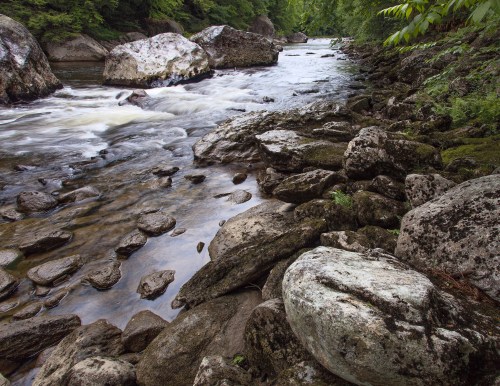 A serene river flows through a rocky landscape, surrounded by lush greenery and large boulders.